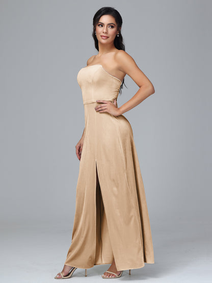 Strapless Plus Size Velvet Bridesmaid Dress With Slit