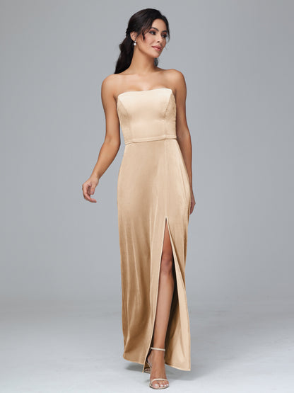 Strapless Plus Size Velvet Bridesmaid Dress With Slit