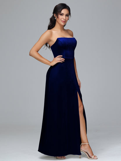 Strapless Plus Size Velvet Bridesmaid Dress With Slit