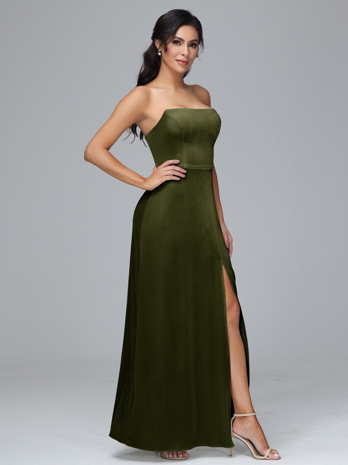 Strapless Plus Size Velvet Bridesmaid Dress With Slit