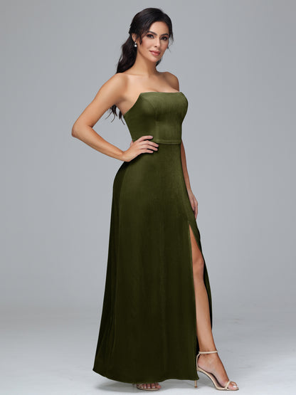Strapless Plus Size Velvet Bridesmaid Dress With Slit