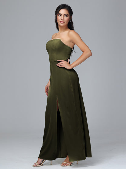 Strapless Plus Size Velvet Bridesmaid Dress With Slit