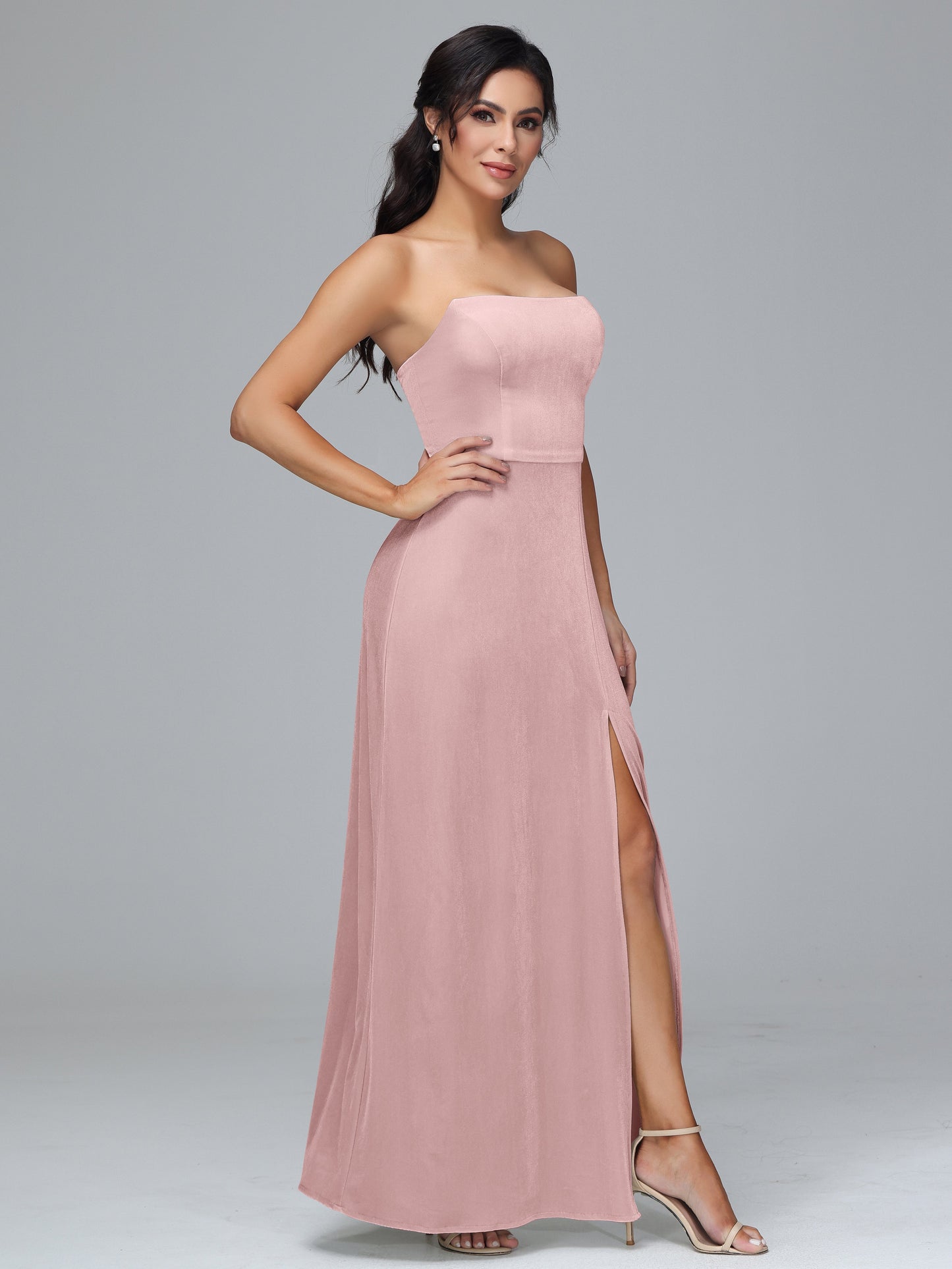 Strapless Plus Size Velvet Bridesmaid Dress With Slit