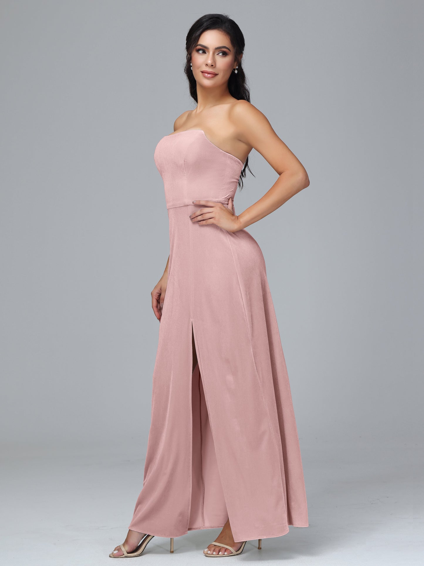 Strapless Plus Size Velvet Bridesmaid Dress With Slit