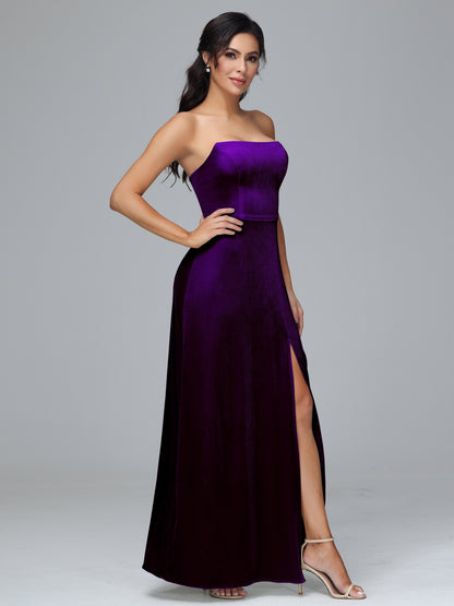 Strapless Plus Size Velvet Bridesmaid Dress With Slit