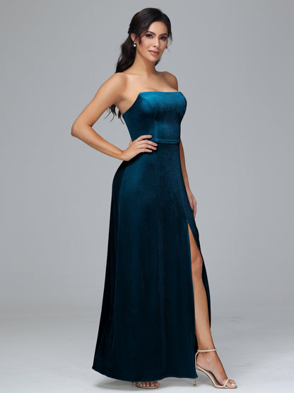 Strapless Plus Size Velvet Bridesmaid Dress With Slit