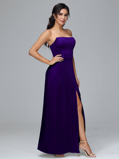 Strapless Plus Size Velvet Bridesmaid Dress With Slit