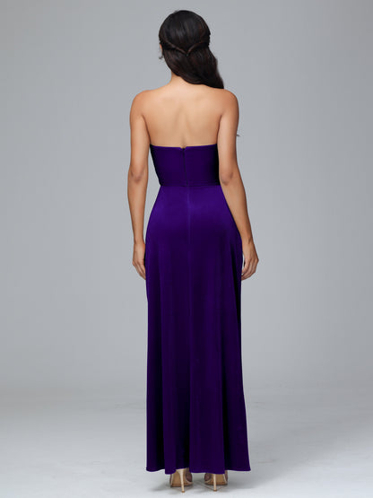 Strapless Plus Size Velvet Bridesmaid Dress With Slit
