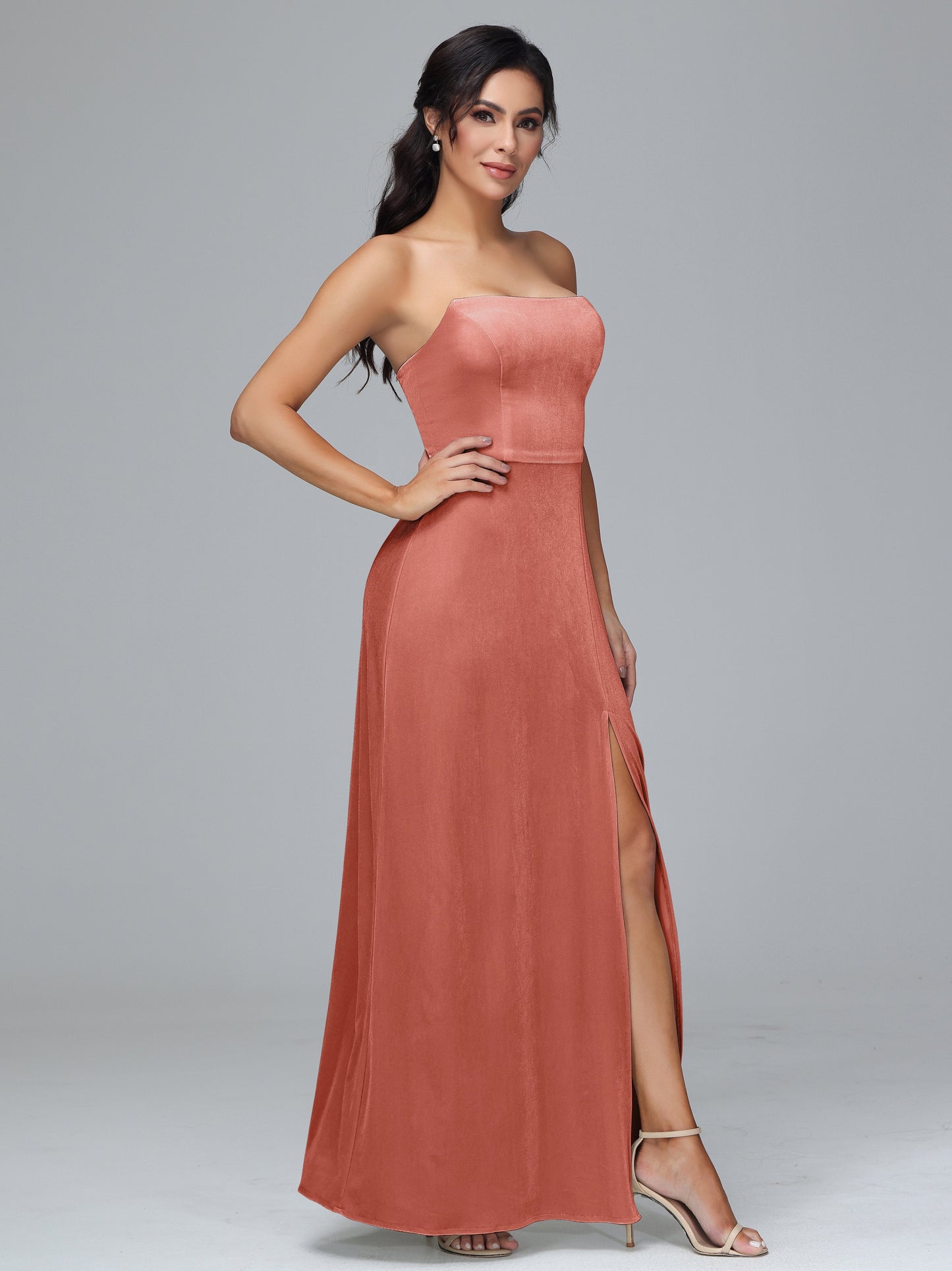 Strapless Plus Size Velvet Bridesmaid Dress With Slit