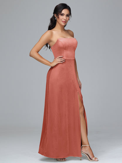 Strapless Plus Size Velvet Bridesmaid Dress With Slit