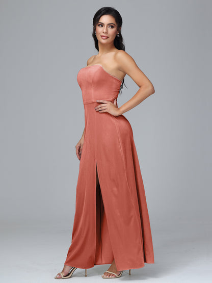 Strapless Plus Size Velvet Bridesmaid Dress With Slit