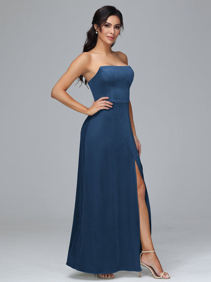 Strapless Plus Size Velvet Bridesmaid Dress With Slit