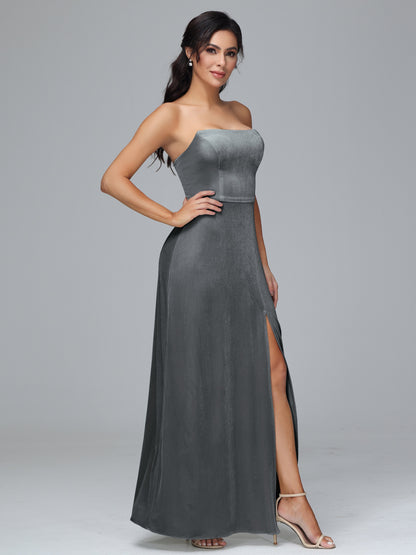 Strapless Plus Size Velvet Bridesmaid Dress With Slit
