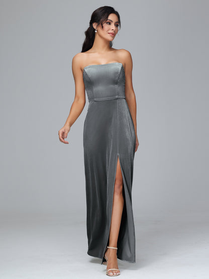 Strapless Plus Size Velvet Bridesmaid Dress With Slit
