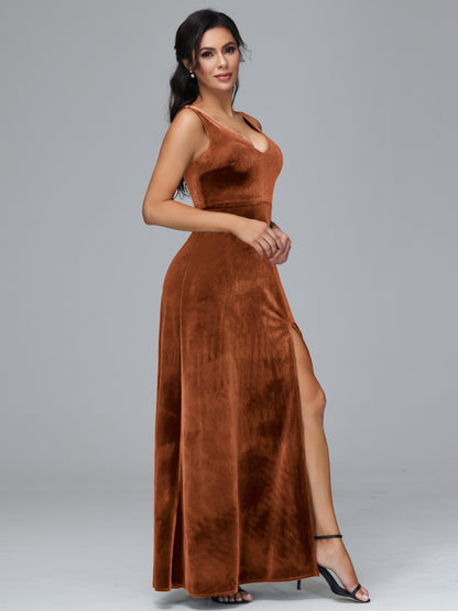 Straps V Neck Bridesmaid Dress With Slit