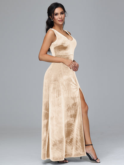 Straps V Neck Bridesmaid Dress With Slit