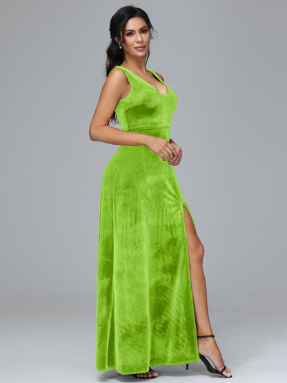 Straps V Neck Bridesmaid Dress With Slit