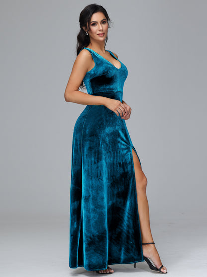 Straps V Neck Bridesmaid Dress With Slit