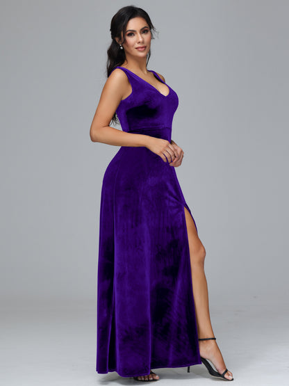 Straps V Neck Bridesmaid Dress With Slit