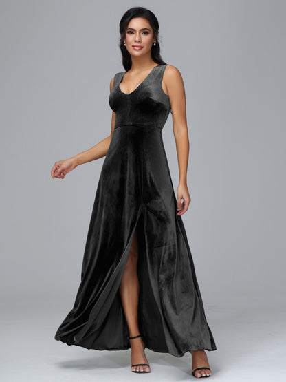 Straps V Neck Bridesmaid Dress With Slit