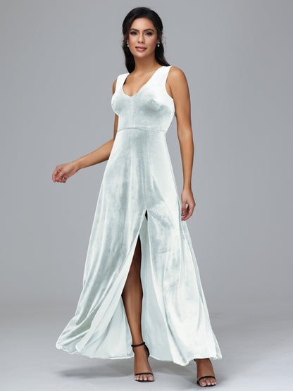 Straps V Neck Bridesmaid Dress With Slit