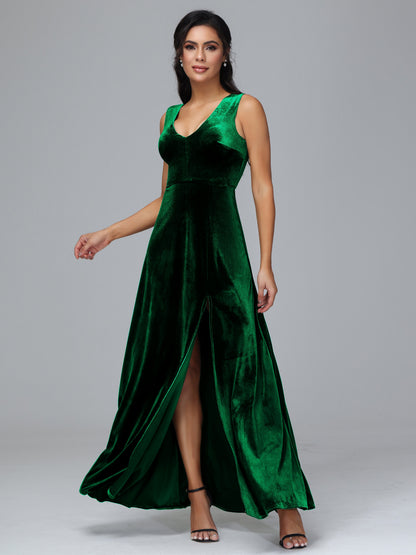 Straps V Neck Bridesmaid Dress With Slit