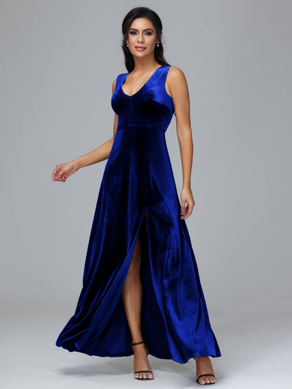 Straps V Neck Bridesmaid Dress With Slit