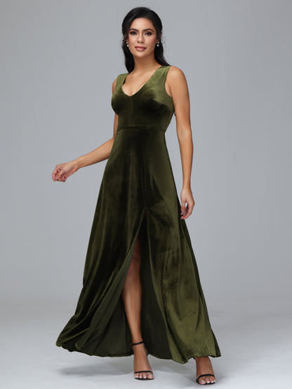 Straps V Neck Bridesmaid Dress With Slit