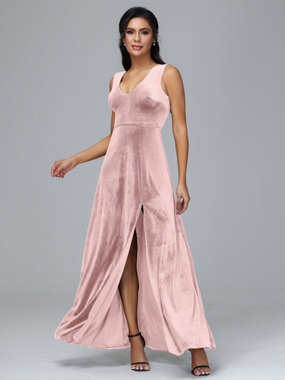 Straps V Neck Bridesmaid Dress With Slit
