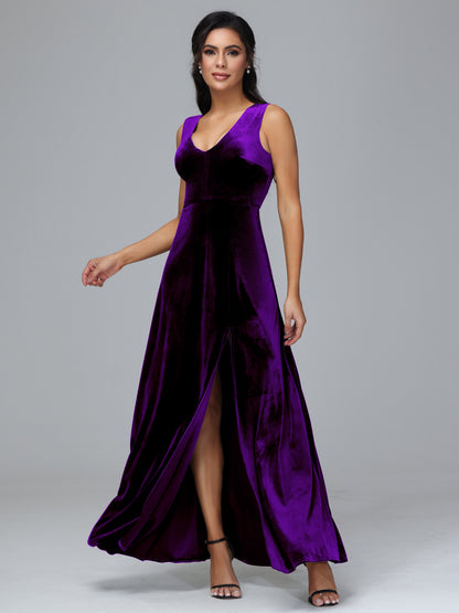 Straps V Neck Bridesmaid Dress With Slit