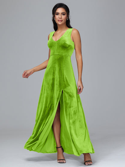 Straps V Neck Bridesmaid Dress With Slit