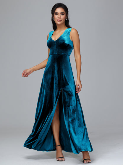 Straps V Neck Bridesmaid Dress With Slit