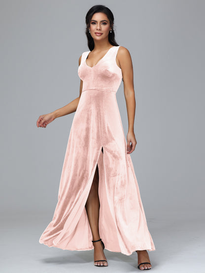 Straps V Neck Bridesmaid Dress With Slit