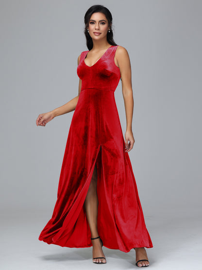 Straps V Neck Bridesmaid Dress With Slit