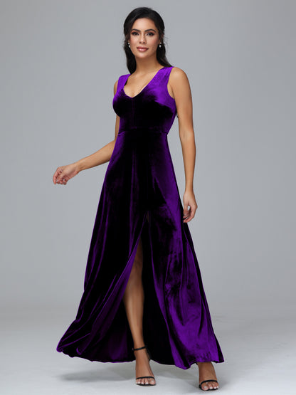 Straps V Neck Bridesmaid Dress With Slit