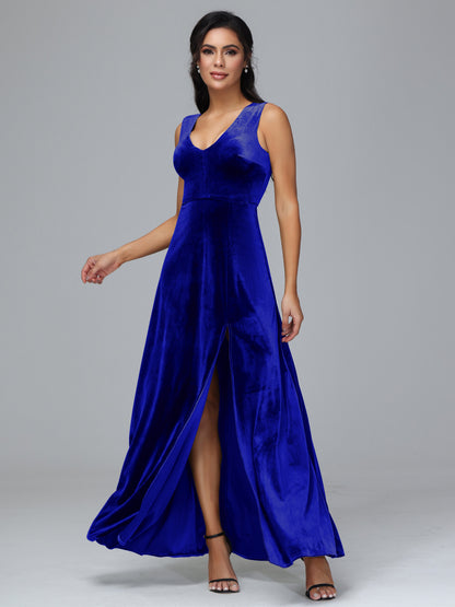 Straps V Neck Bridesmaid Dress With Slit