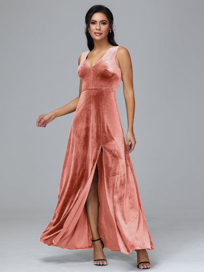 Straps V Neck Bridesmaid Dress With Slit