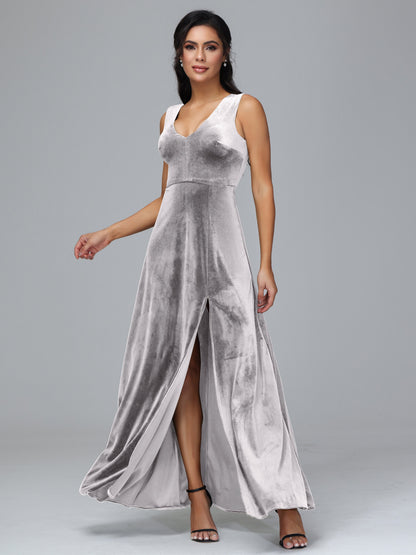 Straps V Neck Bridesmaid Dress With Slit