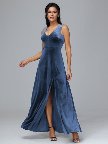 Straps V Neck Bridesmaid Dress With Slit