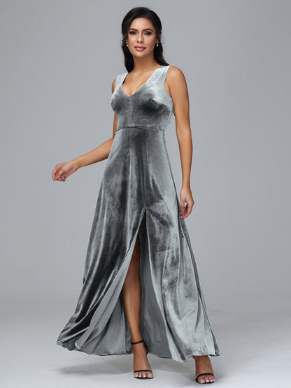 Straps V Neck Bridesmaid Dress With Slit