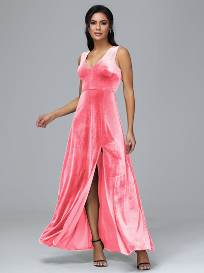 Straps V Neck Bridesmaid Dress With Slit