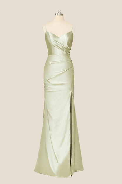 Straps Sage Green Satin Long Formal Dress