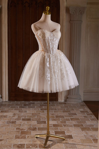 Sweetheart Ivory Sheer Beaded Corset Short Princess Gown