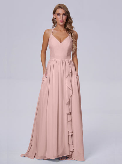 Teagan Elegant Straps Chiffon Long Bridesmaid Dresses