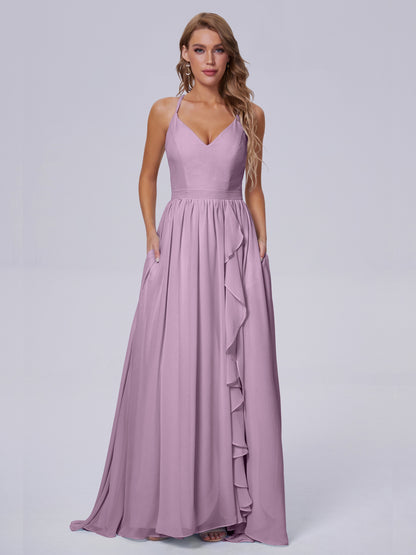 Teagan Elegant Straps Chiffon Long Bridesmaid Dresses