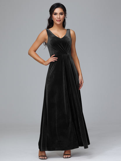 V Neck A Line Plus Size Velvet Bridesmaid Dress With Slit