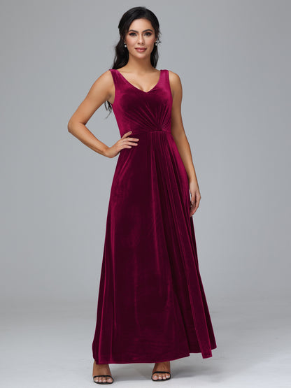 V Neck A Line Plus Size Velvet Bridesmaid Dress With Slit