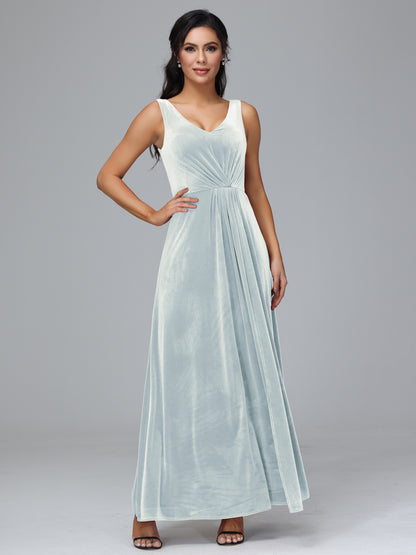 V Neck A Line Plus Size Velvet Bridesmaid Dress With Slit