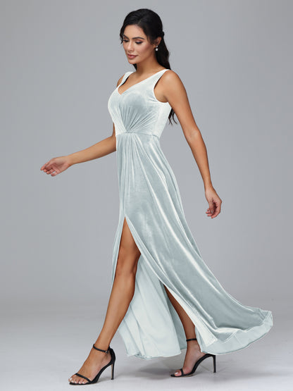 V Neck A Line Plus Size Velvet Bridesmaid Dress With Slit