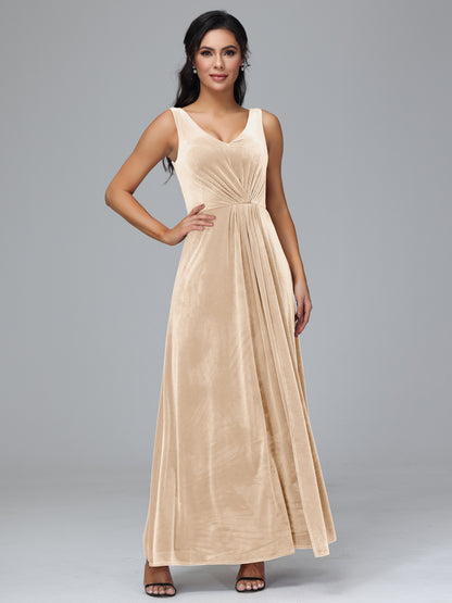 V Neck A Line Plus Size Velvet Bridesmaid Dress With Slit